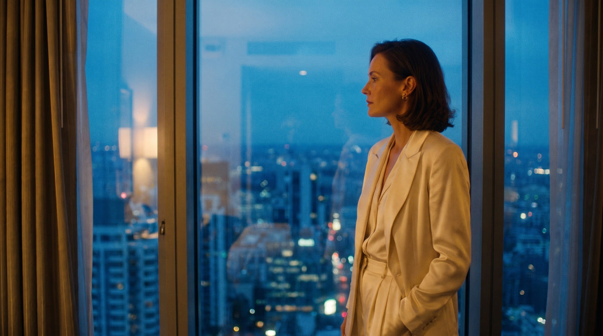 Ball Open Hoop in 18K Gold Vermeil, worn at a window above a city at dusk.