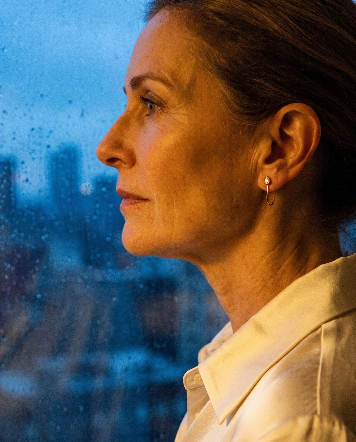 Clear Teardrop Open Hoop in 18K Gold Vermeil on an ear, at a rainy window above a city at dusk.