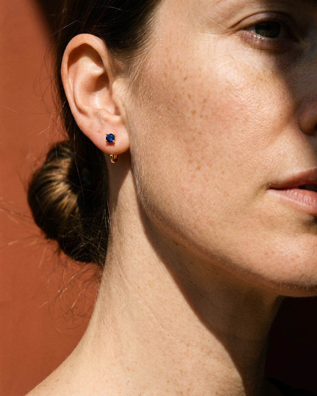 Blue Round Open Hoop in 18K Gold Vermeil, worn on the ear