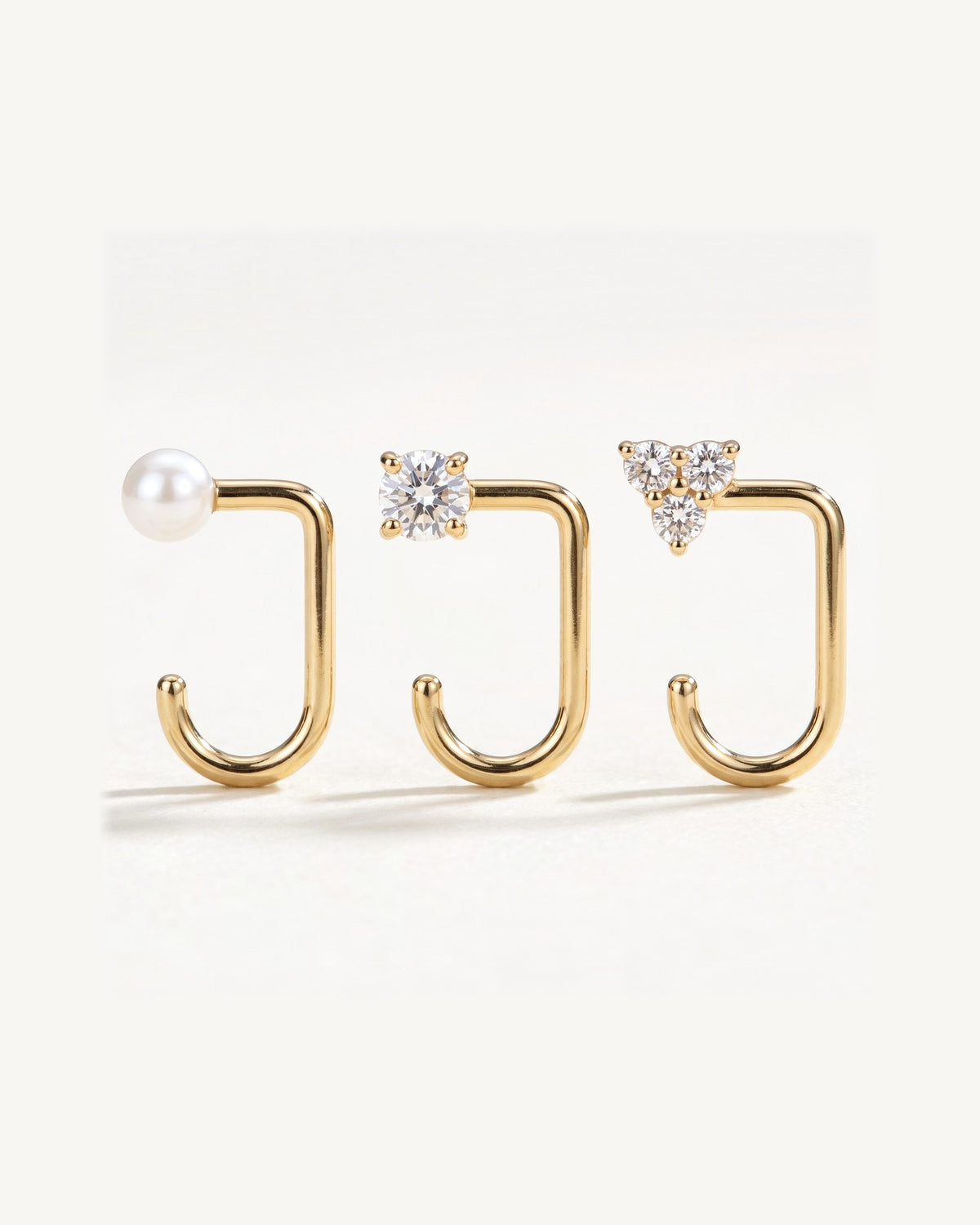 Clear Cluster, Round and White Bead, 18K Gold Vermeil, the three pieces side by side