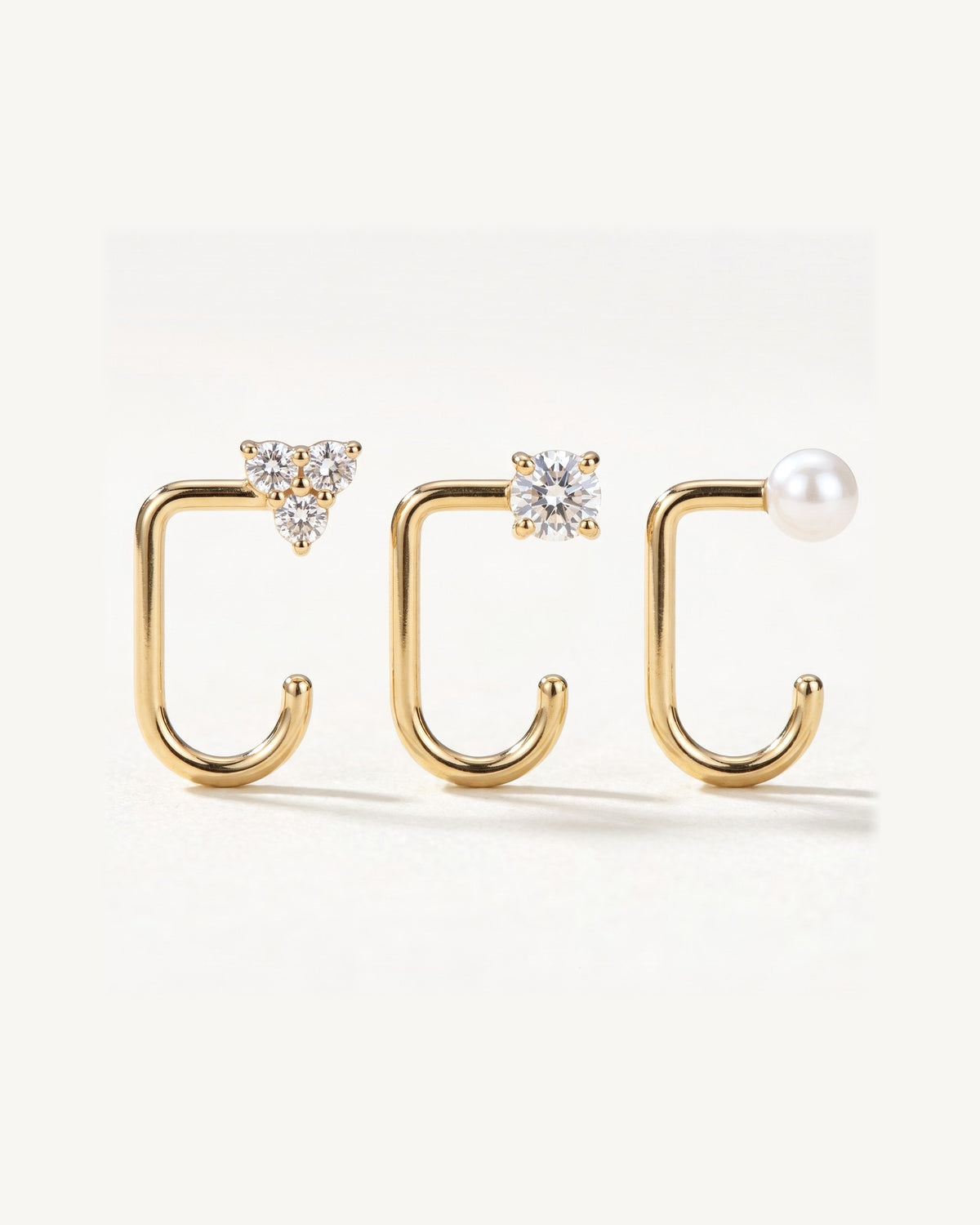 Clear Cluster, Round and White Bead, 18K Gold Vermeil, the three pieces side by side