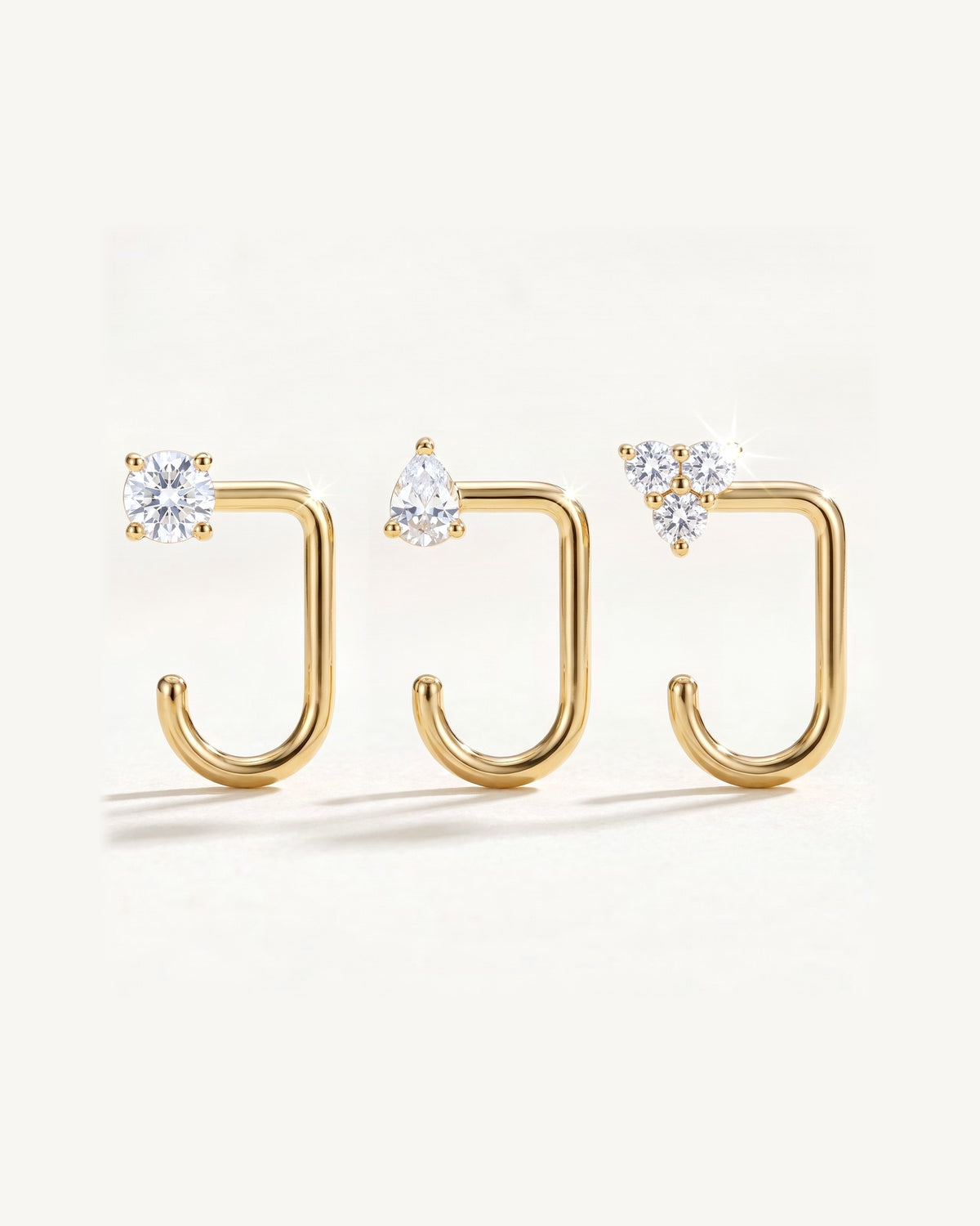 Clear Cluster, Teardrop and Round, 18K Gold Vermeil, the three pieces side by side