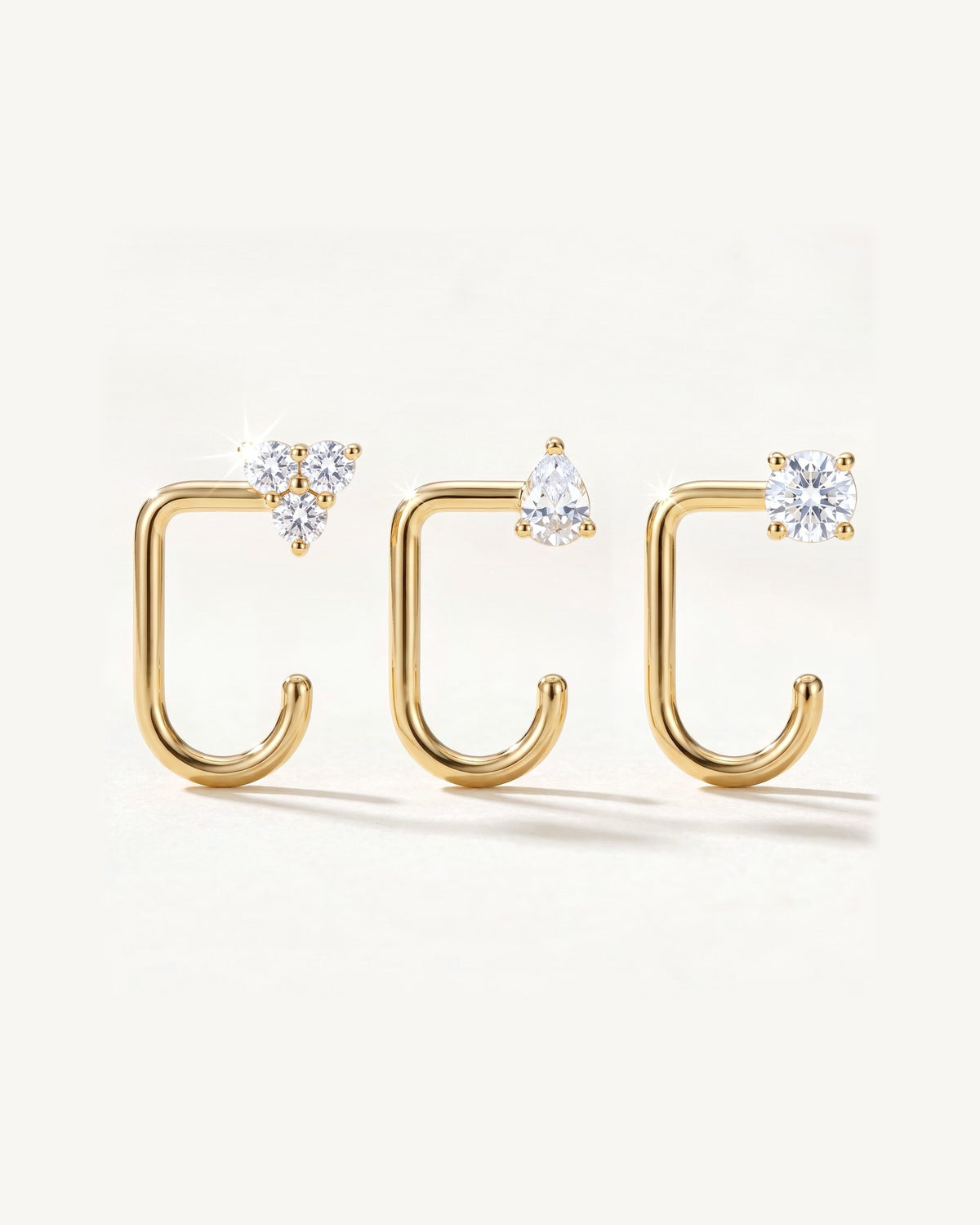 Clear Cluster, Teardrop and Round, 18K Gold Vermeil, the three pieces side by side