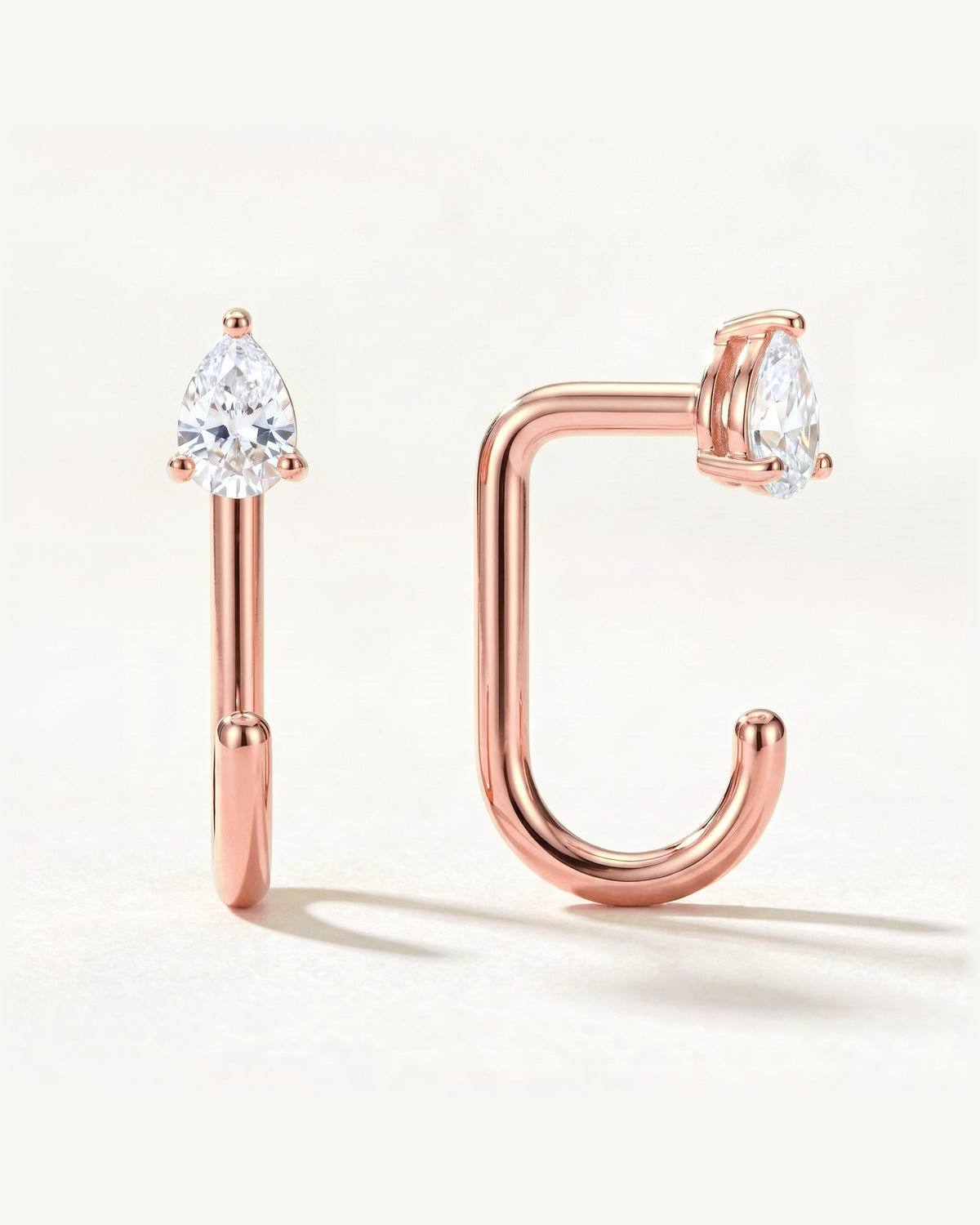 Clear Teardrop Open Hoop, 18K Rose Gold Vermeil, shown front and side