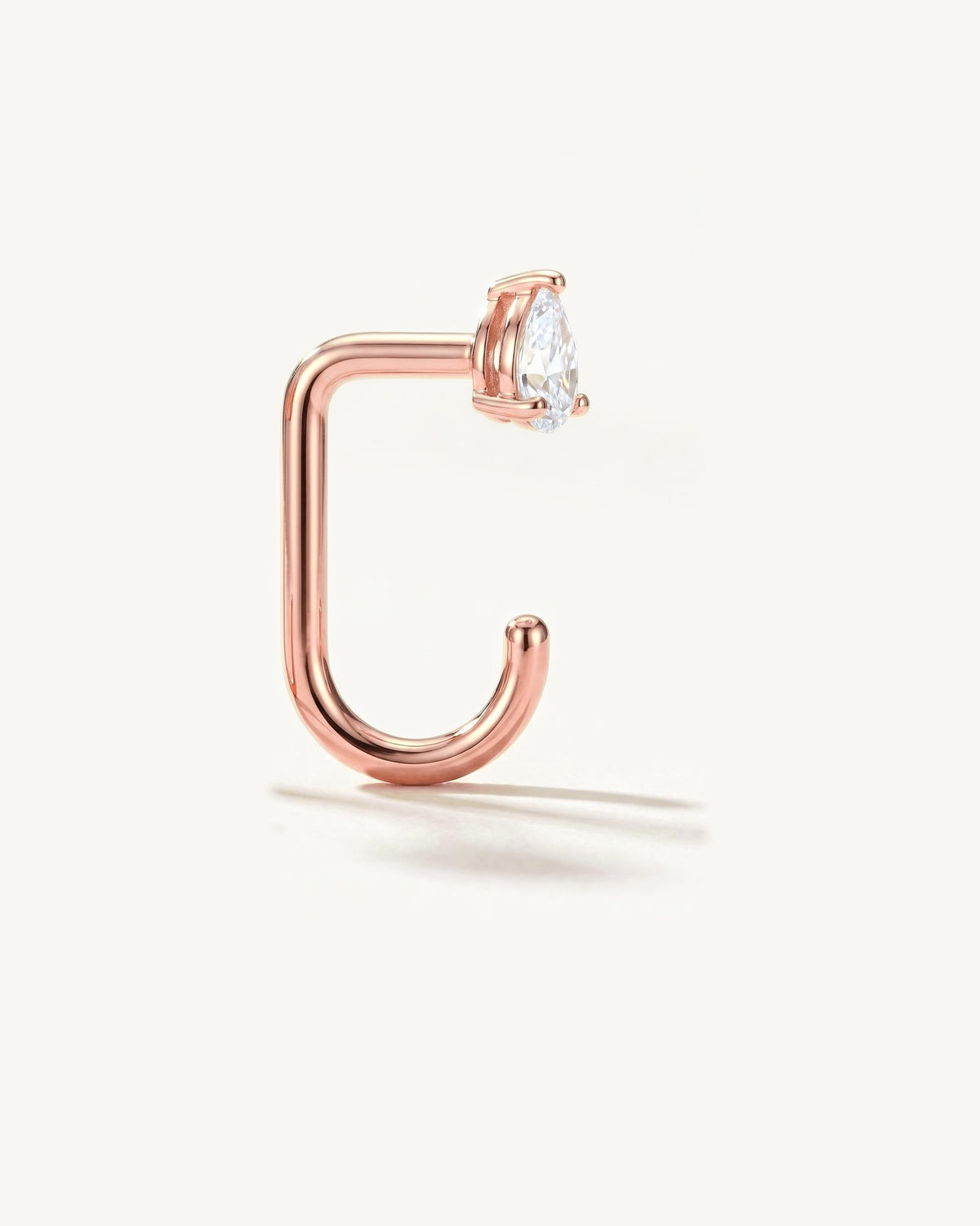Clear Teardrop Open Hoop, 18K Rose Gold Vermeil, from the side, close up