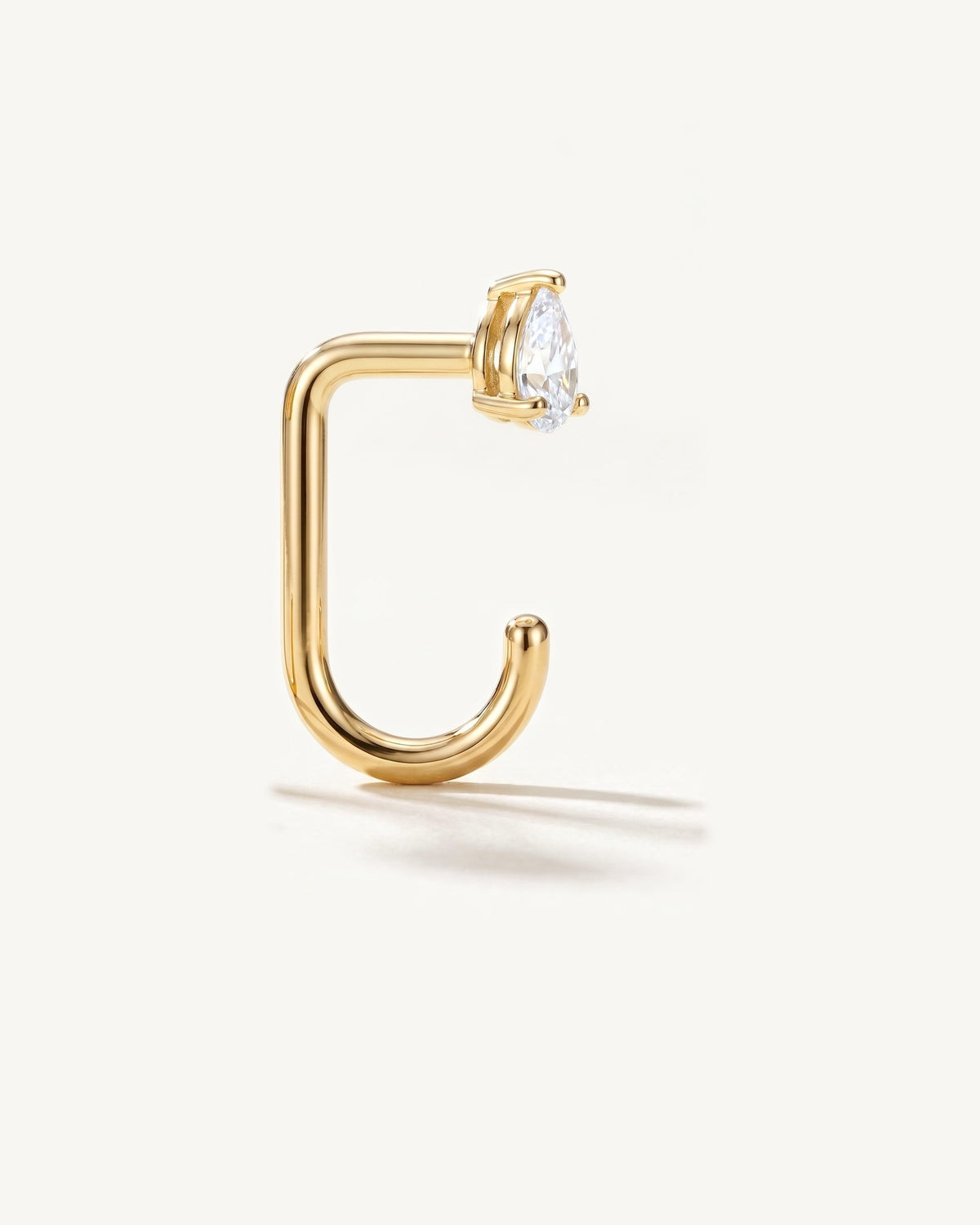 Clear Teardrop Open Hoop, 18K Gold Vermeil, from the side, close up
