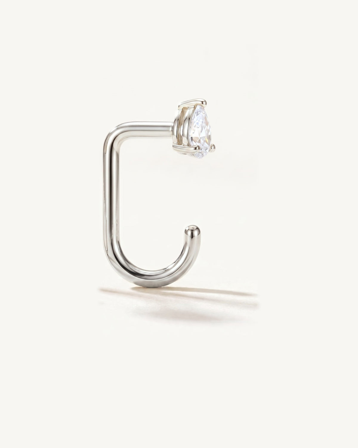 Clear Teardrop Open Hoop, Sterling Silver, from the side, close up