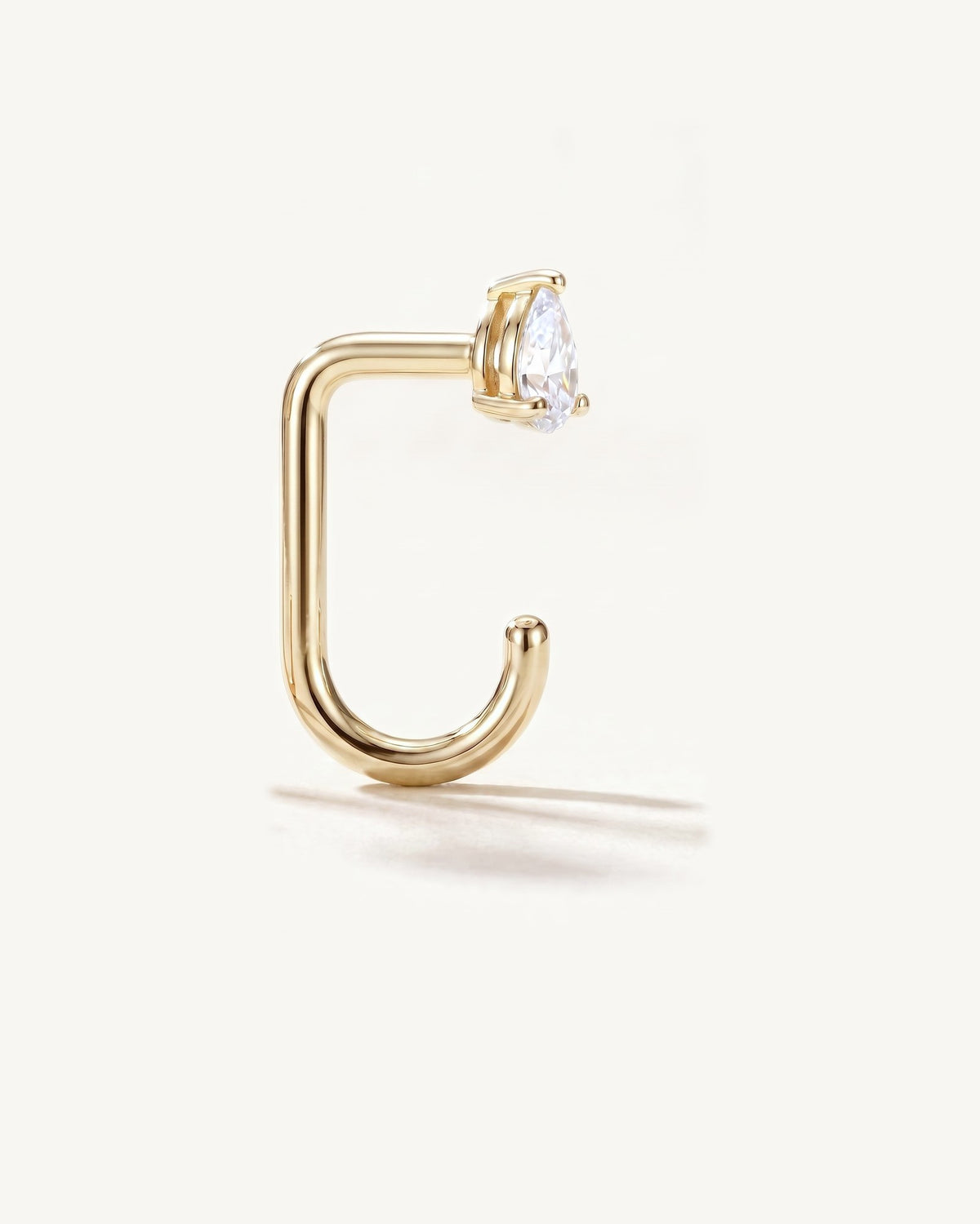 Clear Teardrop Open Hoop, 18K Gold Vermeil, from the side, close up