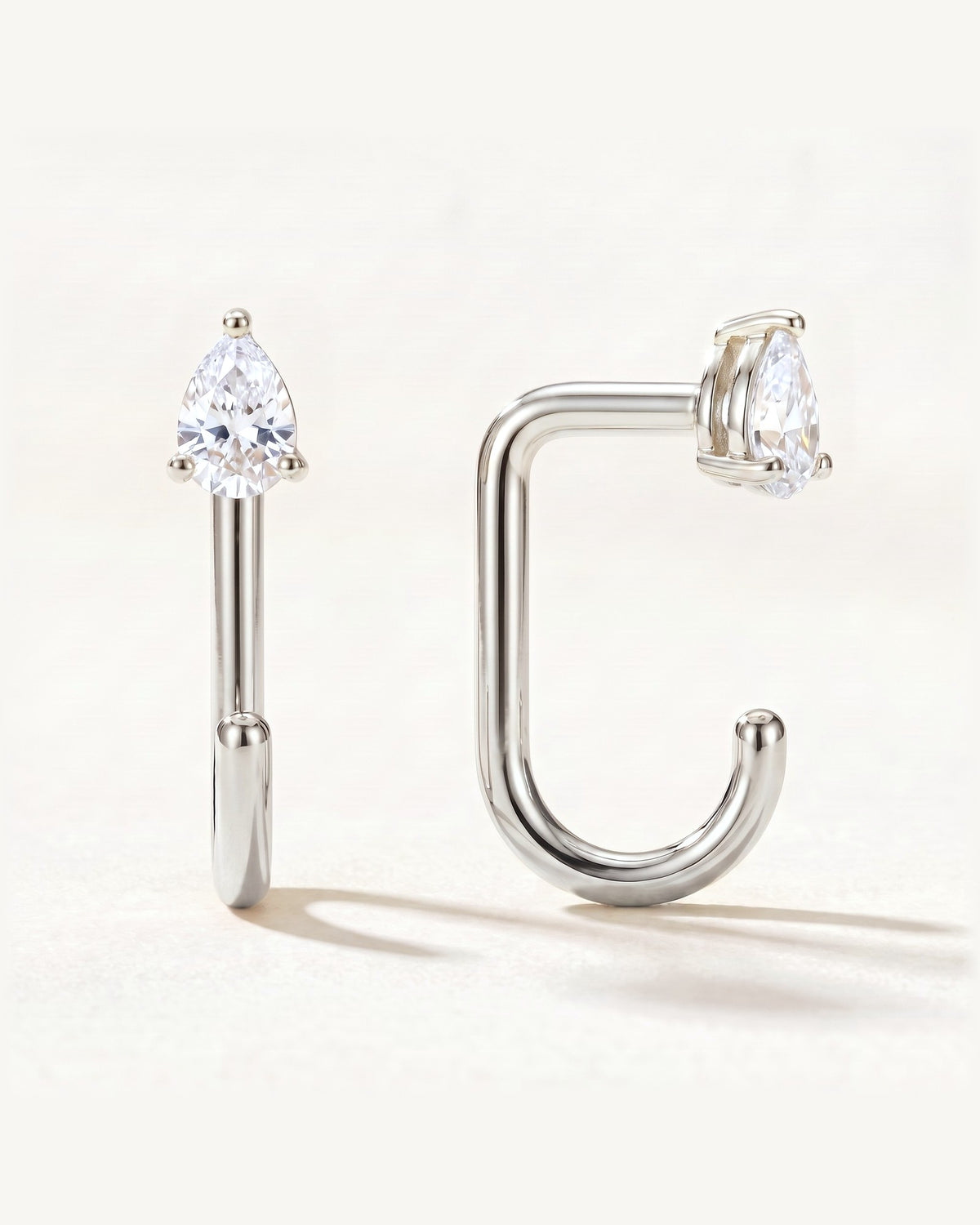 Clear Teardrop Open Hoop, Sterling Silver, shown front and side