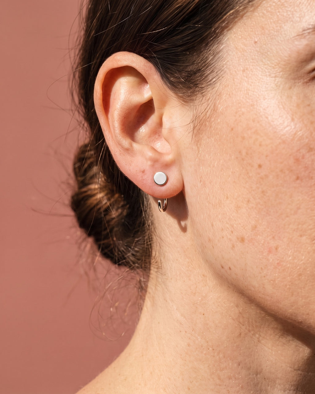 Disc Open Hoop in Sterling Silver, worn on the ear