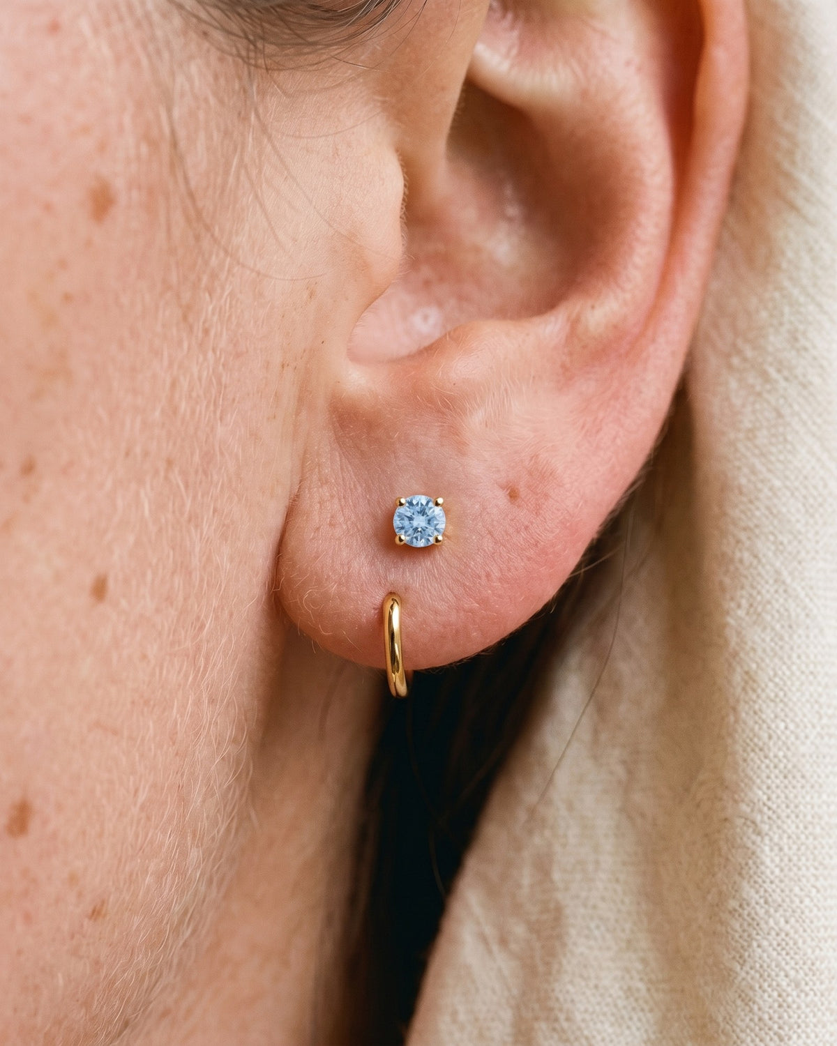 Light Blue Round Open Hoop in 18K Gold Vermeil, worn on the ear