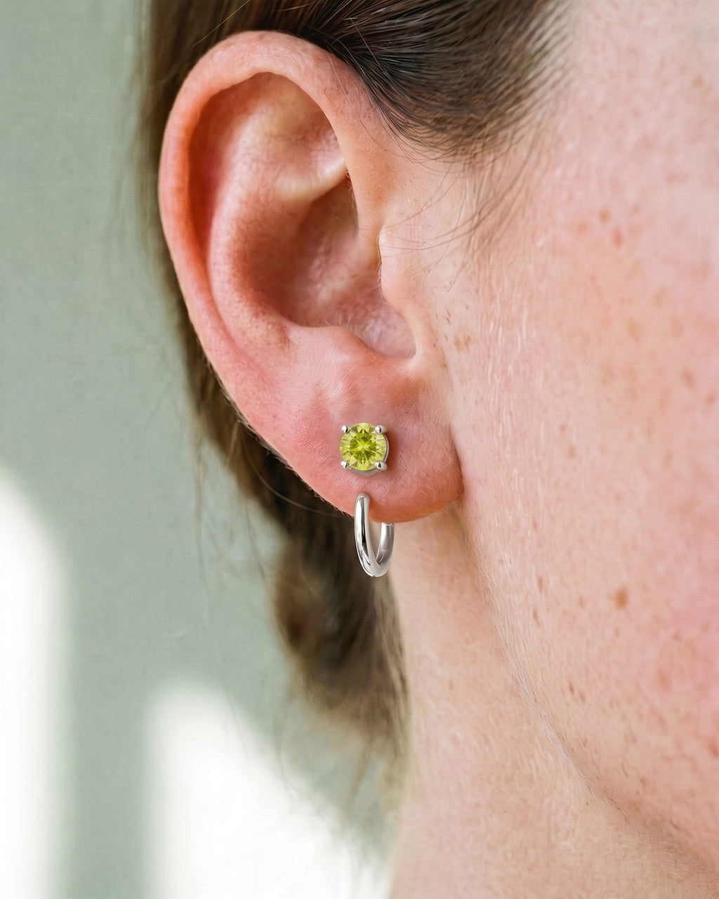 Lime Round Open Hoop in Sterling Silver, worn on the ear