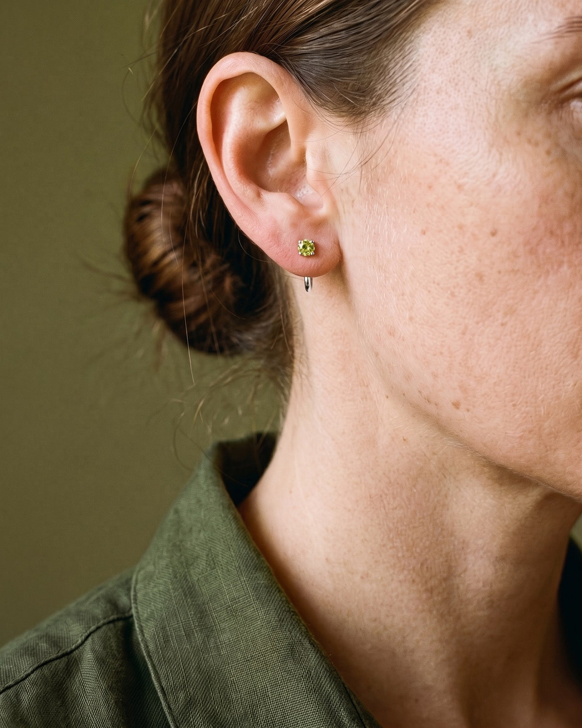 Lime Round Open Hoop in Sterling Silver, worn on the ear