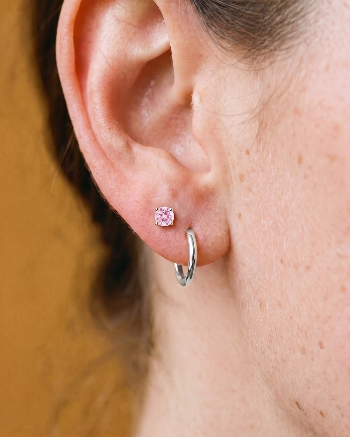 Pink Round Open Hoop in Sterling Silver, worn on the ear