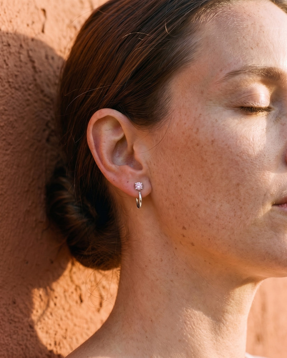 Pink Round Open Hoop in Sterling Silver, worn on the ear
