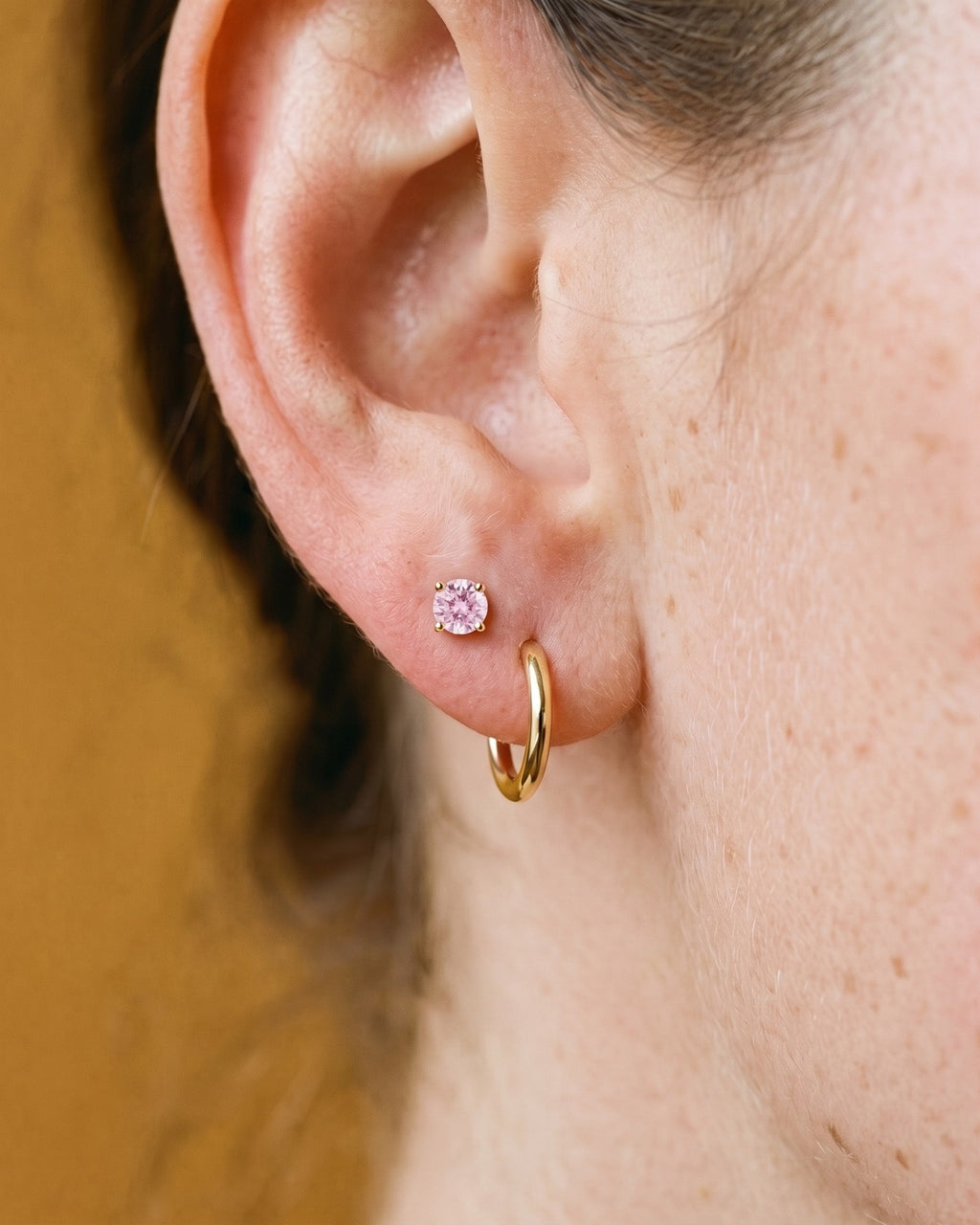 Pink Round Open Hoop in 18K Gold Vermeil, worn on the ear