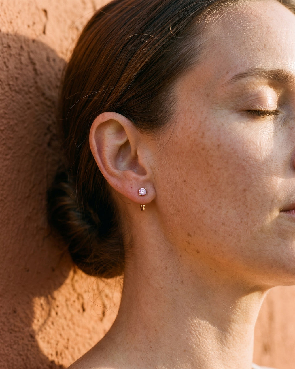 Pink Round Open Hoop in 18K Gold Vermeil, worn on the ear