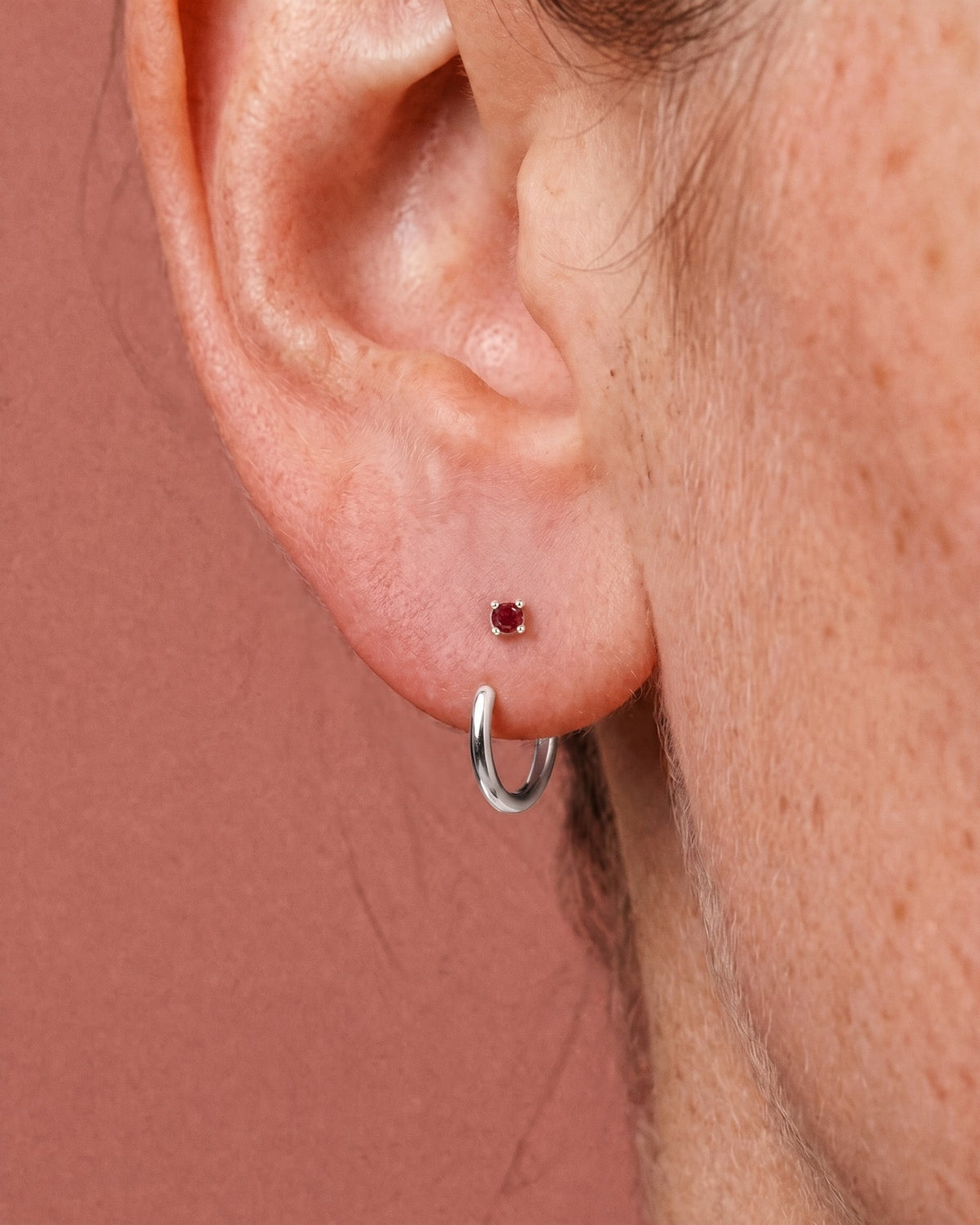 Red Round Open Hoop in Sterling Silver, worn on the ear