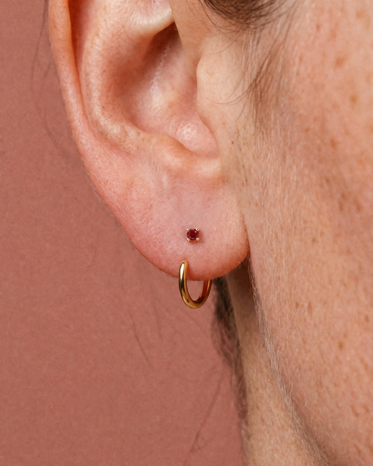 Red Round Open Hoop in 18K Gold Vermeil, worn on the ear
