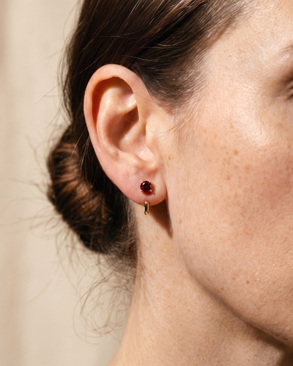 Red Round Open Hoop in 18K Gold Vermeil, worn on the ear