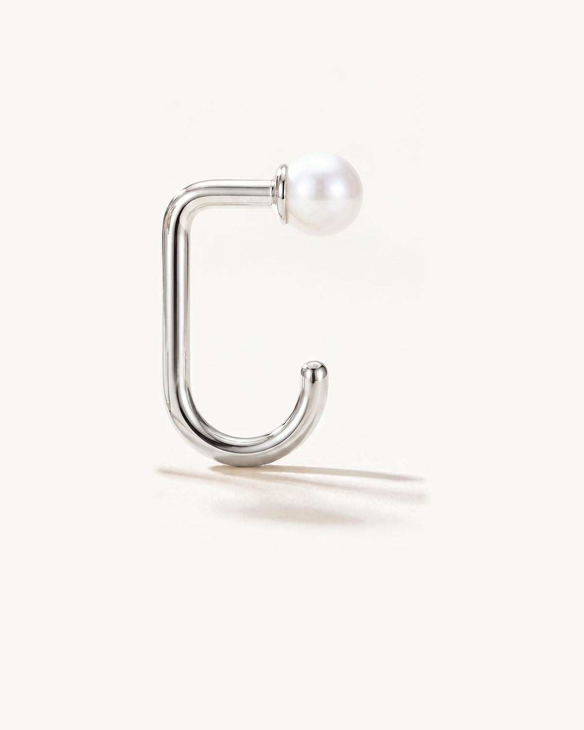 White Bead Open Hoop, Sterling Silver, from the side, close up
